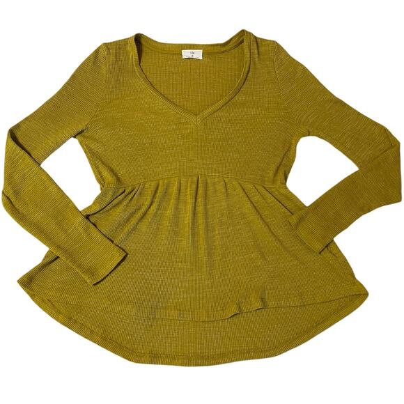 T.La Tops - Anthropologie T.La V Neck Ribbed Babydoll Long Sleeve Top Citron Yellow Green XS